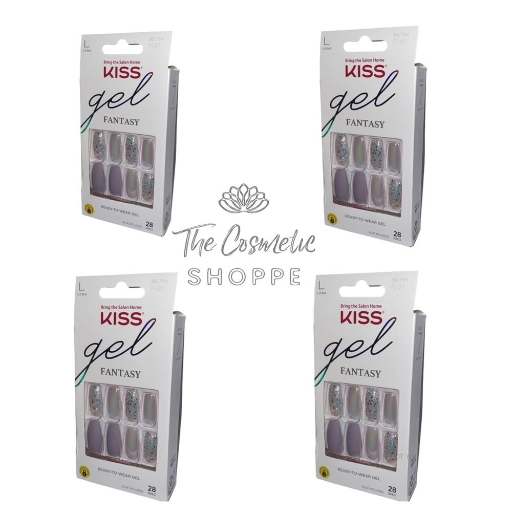 Kiss Gel Fantasy Long Length Iridescent Glue-On Nails Rainbow Rings  x 4